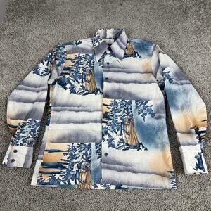 Vintage Kings Road Shirt Mens Medium Blue Samurai Scenic Polyester Sears 80s